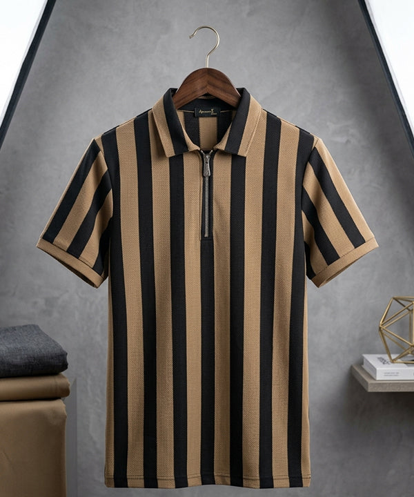MEN'S T-SHIRT COLLAR BROWN STRIPE Old Money TSH-7160