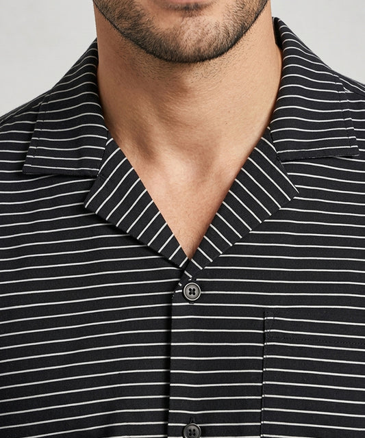 Men’s Pinstripe Drawstring Half Sleeves Shirt– Relaxed Fit - SHC-3067 Black stripe