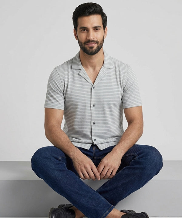 Men’s Pinstripe Drawstring Half Sleeves Shirt– Relaxed Fit - SHC-3067 Grey Stripe