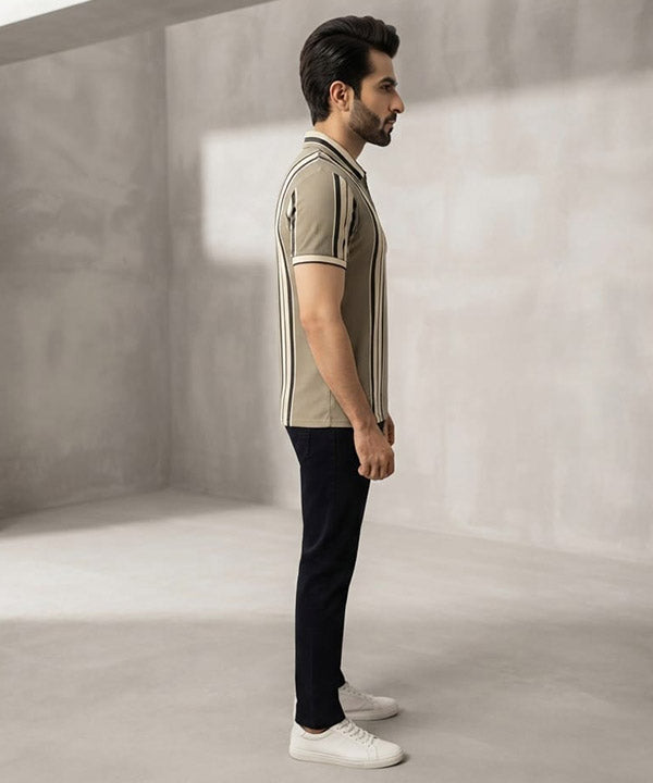 MEN'S T-SHIRT COLLAR BEIGE STRIPE Old Money TSH-7161