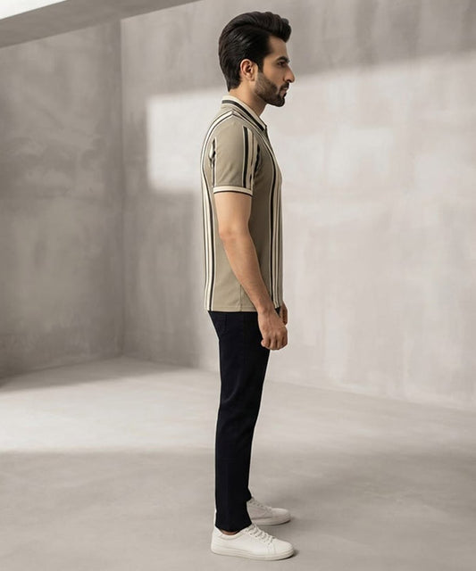 MEN'S T-SHIRT COLLAR BEIGE STRIPE Old Money TSH-7161