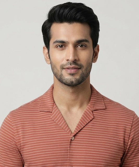 Men’s Pinstripe Drawstring Half Sleeves Shirt– Relaxed Fit - SHC-3067 Maroon Stripe