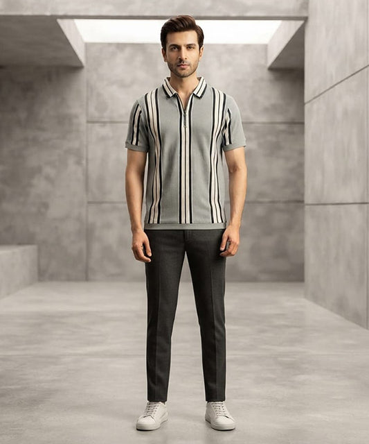 MEN'S T-SHIRT COLLAR GREY STRIPE Old Money TSH-7161