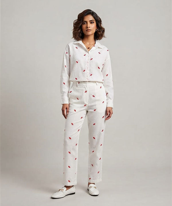 Women's Western Longline Collared Shirt White Printed LSH-0105
