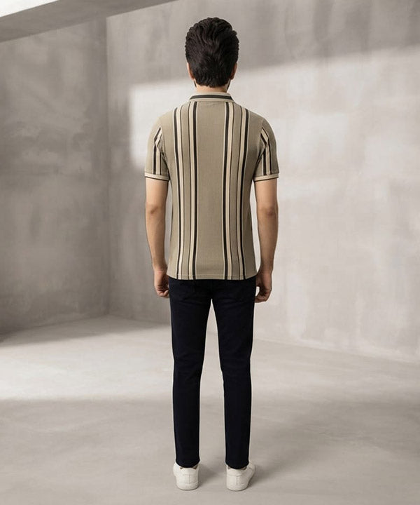 MEN'S T-SHIRT COLLAR BEIGE STRIPE Old Money TSH-7161