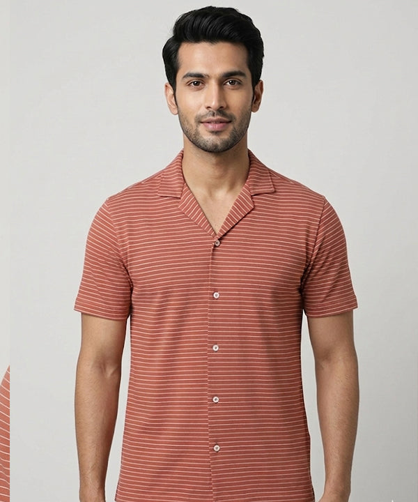Men’s Pinstripe Drawstring Half Sleeves Shirt– Relaxed Fit - SHC-3067 Maroon Stripe
