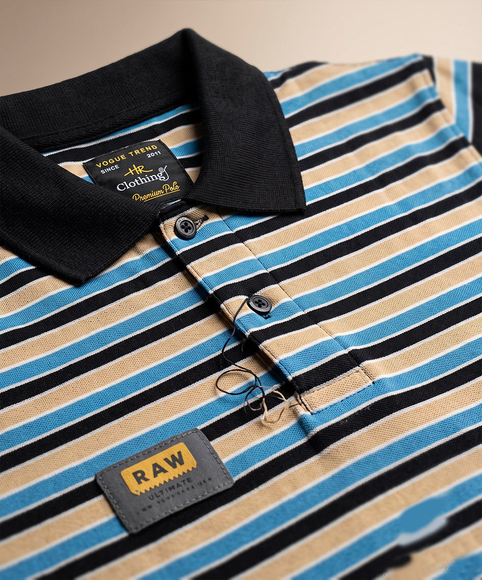 MEN'S T-SHIRT COLLAR BEIGE STRIPE BASIC TSH-5916