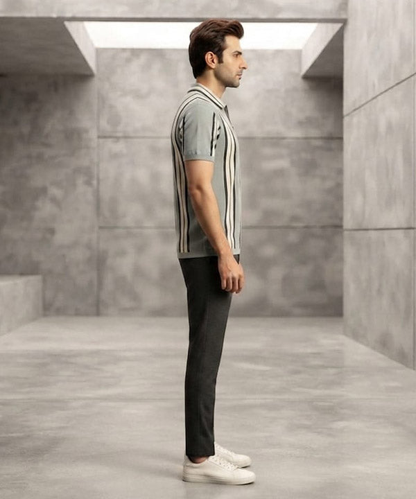 MEN'S T-SHIRT COLLAR GREY STRIPE Old Money TSH-7161