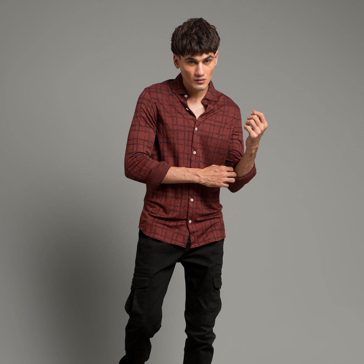 Men's Casual Checkered Shirt - Maroon Shc-1973 Strech Fabric(ORG)