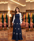 Women's Western Elegant Smocked Maxi Dress Navy ZNM 10747