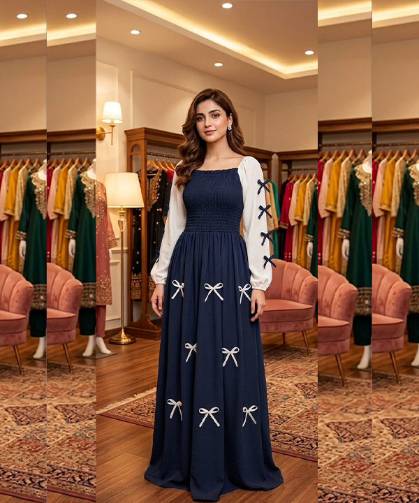 Women's Western Elegant Smocked Maxi Dress Navy ZNM 10747