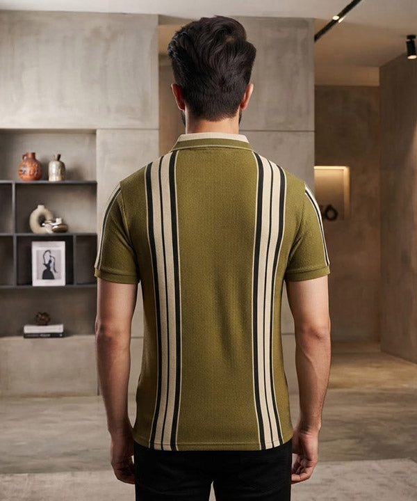 MEN'S T-SHIRT COLLAR GREEN STRIPE Old Money TSH-7161