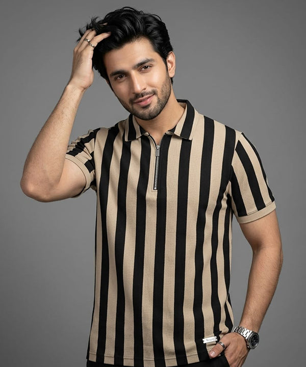 MEN'S T-SHIRT COLLAR BEIGE STRIPE  Old Money TSH-7160