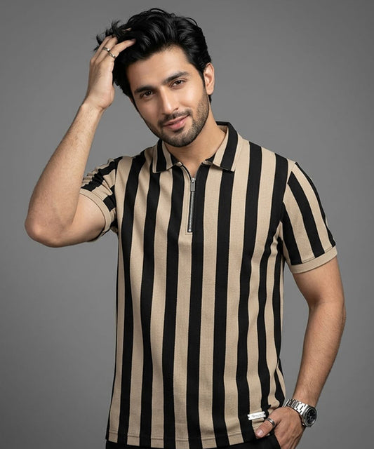 MEN'S T-SHIRT COLLAR BEIGE STRIPE TSH-7160