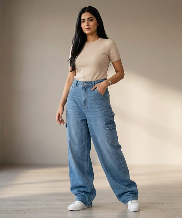 HR Clothing Women's Full Baggy Denim Jeans - JP-2244 – Blue