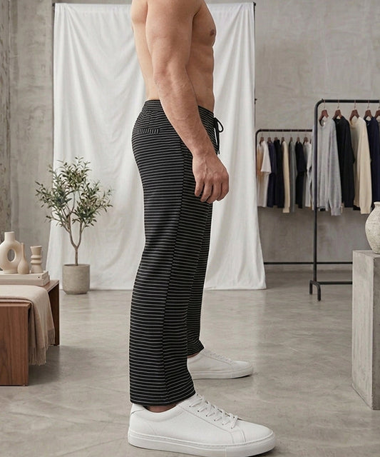 Men’s Pinstripe Drawstring Trousers – Relaxed Fit - LWR-0688 Black Stripe