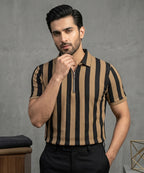 MEN'S T-SHIRT COLLAR BROWN STRIPE Old Money TSH-7160
