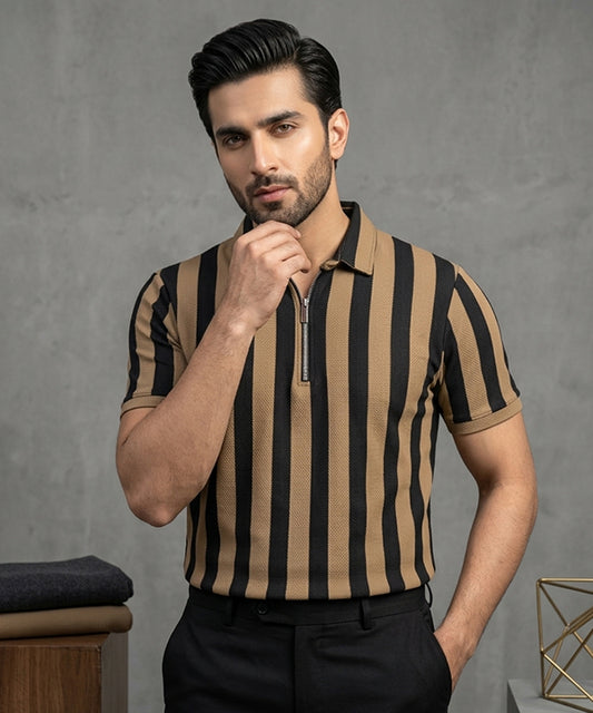MEN'S T-SHIRT COLLAR BROWN STRIPE TSH-7160