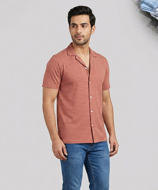 Men’s Pinstripe Drawstring Half Sleeves Shirt– Relaxed Fit - SHC-3067 Maroon Stripe