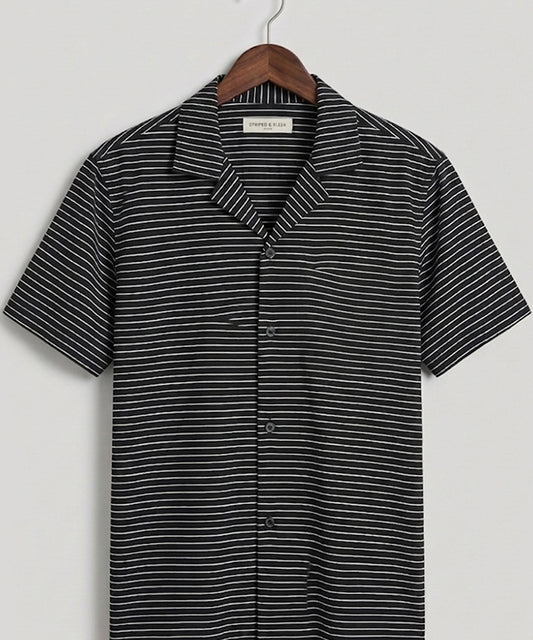Men’s Pinstripe Drawstring Half Sleeves Shirt– Relaxed Fit - SHC-3067 Black stripe