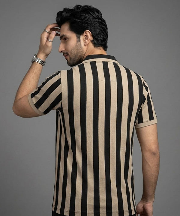 MEN'S T-SHIRT COLLAR BEIGE STRIPE  Old Money TSH-7160