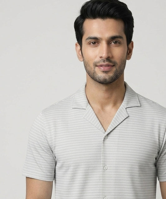 Men’s Pinstripe Drawstring Half Sleeves Shirt– Relaxed Fit - SHC-3067 Grey Stripe