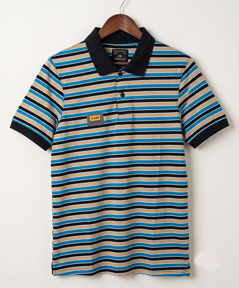 MEN'S T-SHIRT COLLAR BEIGE STRIPE BASIC TSH-5916