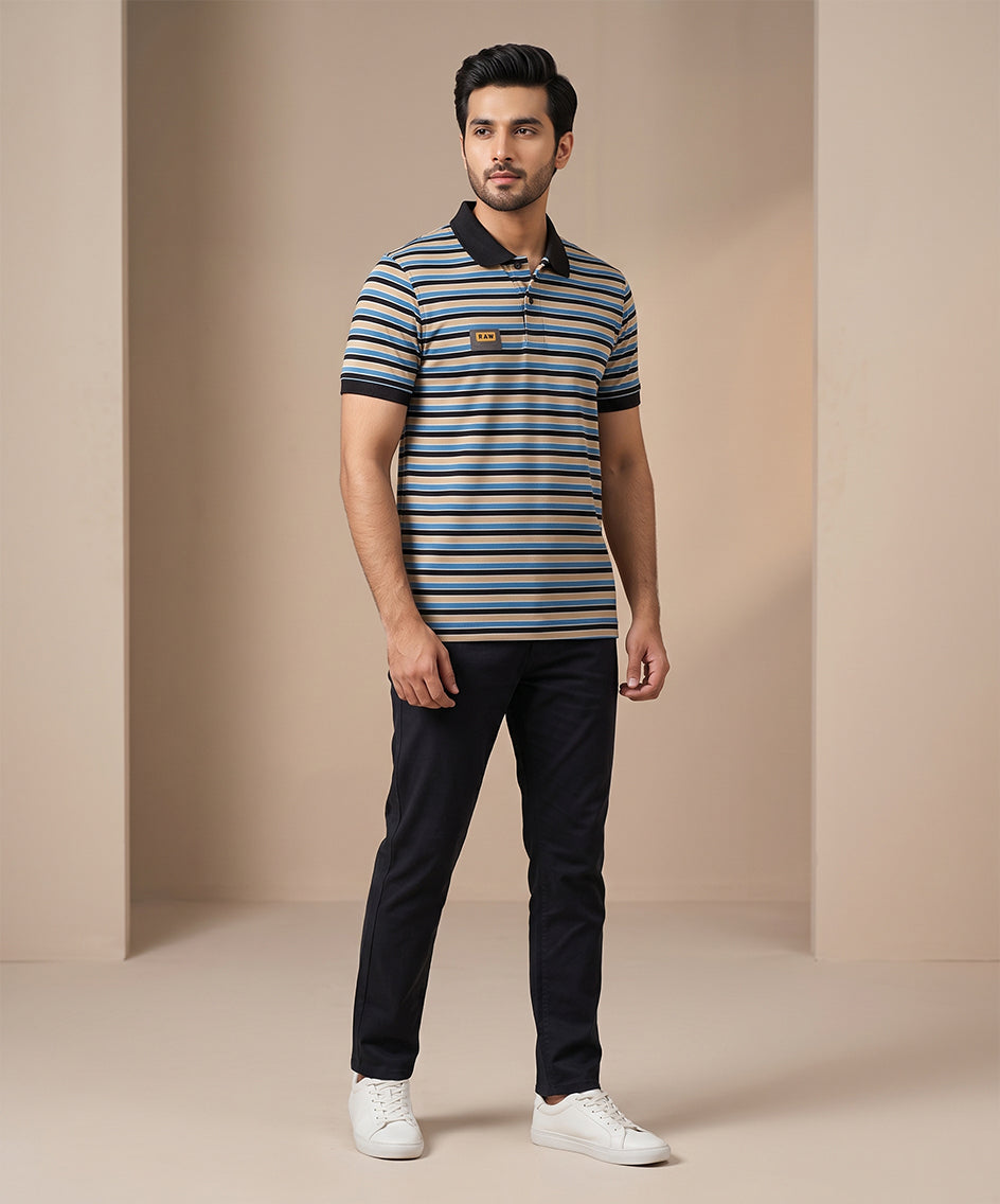 MEN'S T-SHIRT COLLAR BEIGE STRIPE BASIC TSH-5916