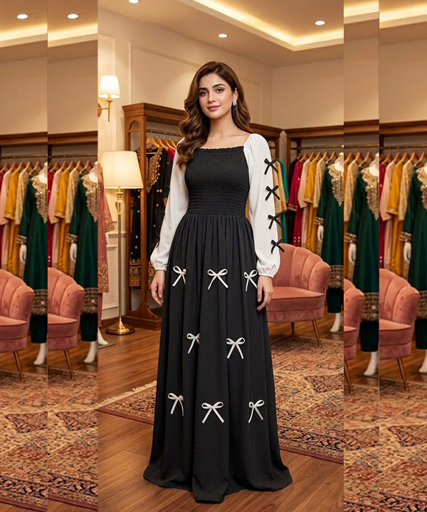 Women's Western Elegant Smocked Maxi Dress Black ZNM 10747