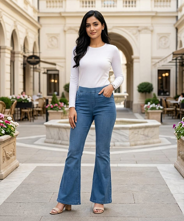 HR Clothing Women's Bell Bottom Denim Jeans-LJP-0084–Blue