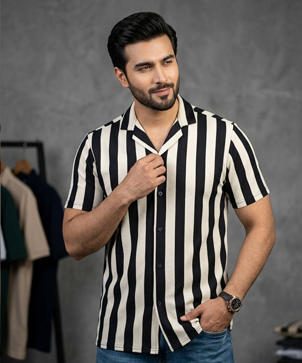 Men's Casual Shirt Half Sleeves - SHC-3069 Black Stripe ( ORG )