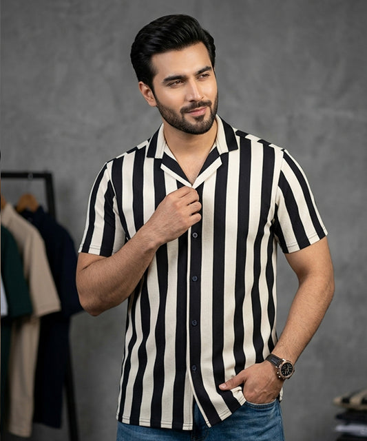 Men's Casual Shirt Half Sleeves - SHC-3069 Black Stripe ( ORG )