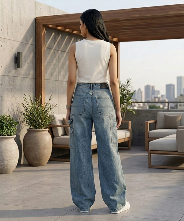 HR Clothing Women's Full Baggy Denim Jeans - JP-2080 – Wash-Blue