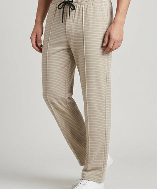 Men’s Pinstripe Drawstring Co-Ord Suit– Relaxed Fit- Beige Stripe