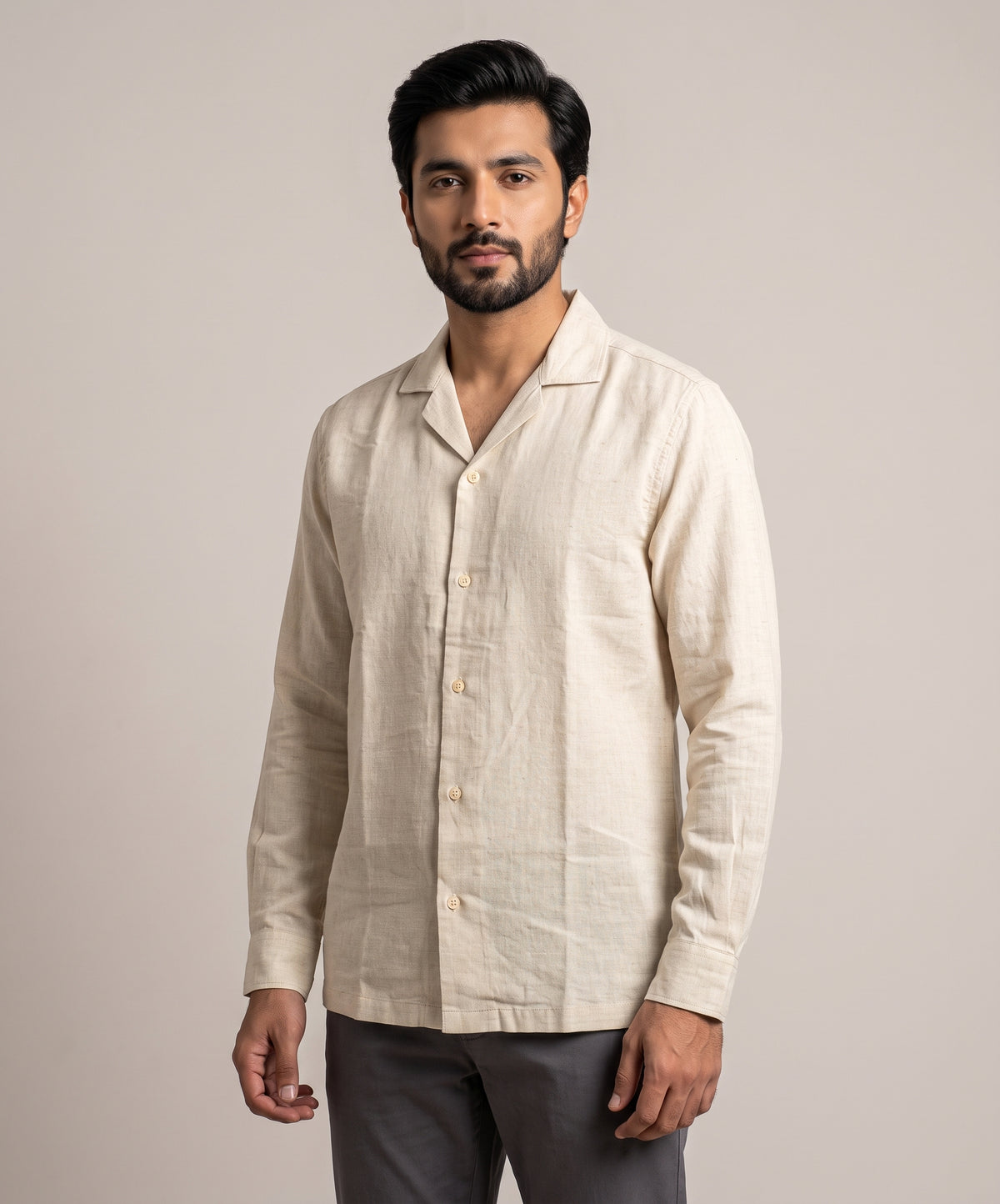 Men's Linen Shirt Full-Sleeves - Texture-Fawn Shc-3101 (ORG-H)