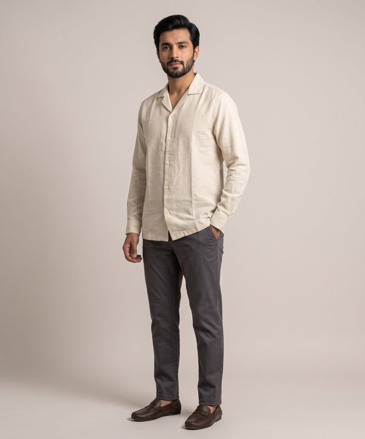Men's Linen Shirt Full-Sleeves - Texture-Fawn Shc-3101 (ORG-H)