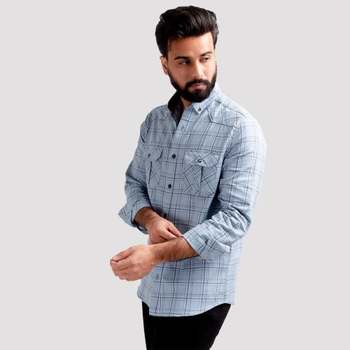 Men's Casual Checkered Shirt - Light Blue Shc-1980 (ORG)
