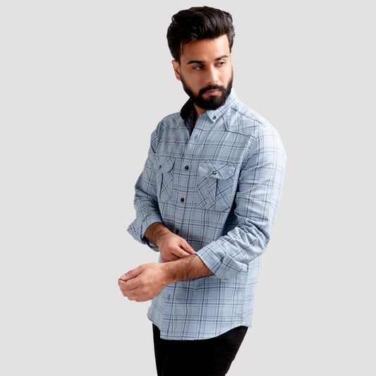 HR Clothing Men's Casual Checkered Shirt - Light Blue