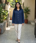 Women's Western Longline Collared Shirt Navy LSH-0114