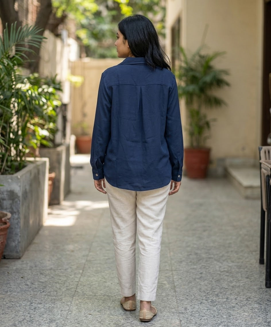 Women's Western Longline Collared Shirt Navy LSH-0114