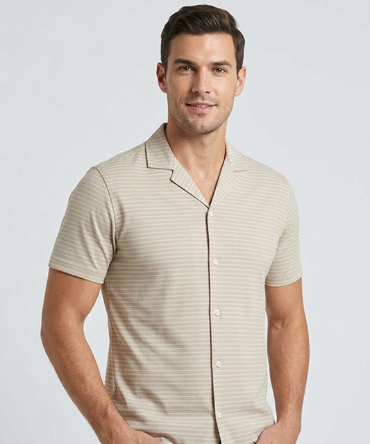 Men’s Pinstripe Drawstring Half Sleeves Shirt– Relaxed Fit - SHC-3067 Beige stripe