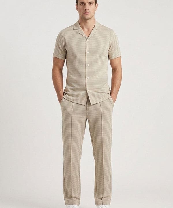 Men’s Pinstripe Drawstring Half Sleeves Shirt– Relaxed Fit - SHC-3067 Beige stripe