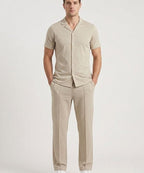 Men’s Pinstripe Drawstring Half Sleeves Shirt– Relaxed Fit - SHC-3067 Beige stripe