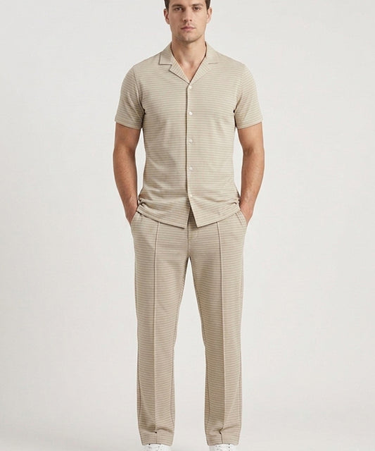 Men’s Pinstripe Drawstring Half Sleeves Shirt– Relaxed Fit - SHC-3067 Beige stripe
