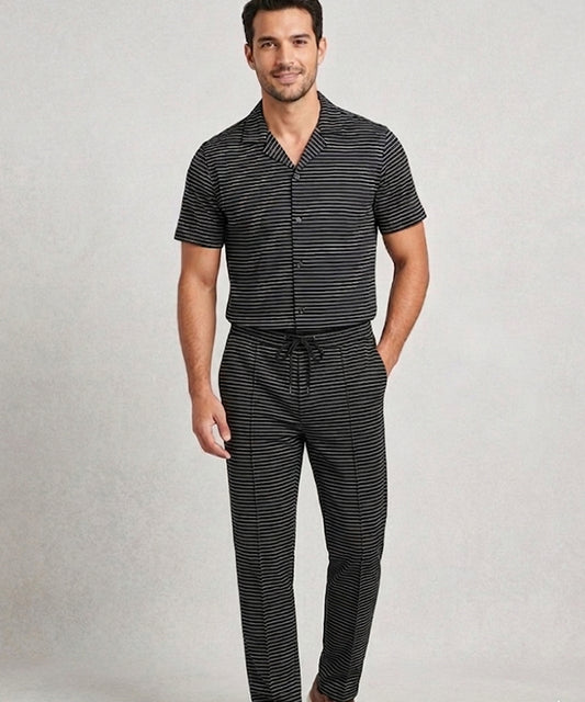 Men’s Pinstripe Drawstring Half Sleeves Shirt– Relaxed Fit - SHC-3067 Black stripe
