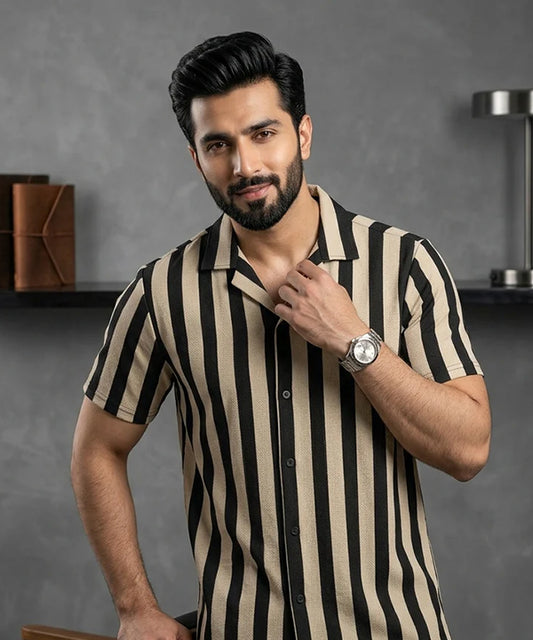 Men's Casual Shirt Half Sleeves - SHC-3069 Beige Stripe ( ORG )