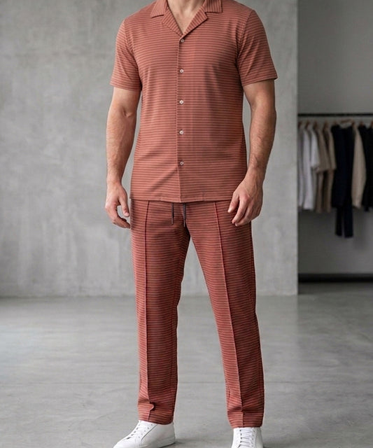 Men’s Pinstripe Drawstring Co-Ord Suit– Relaxed Fit- Maroon Stripe