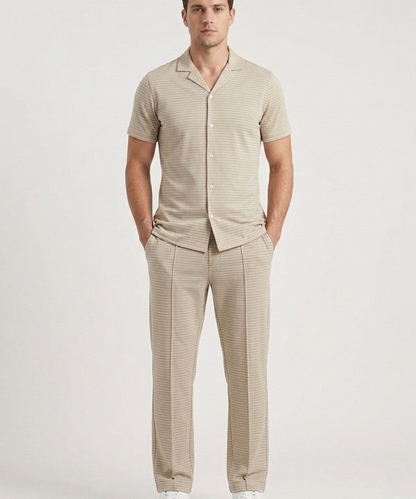 Men’s Pinstripe Drawstring Co-Ord Suit– Relaxed Fit- Beige Stripe