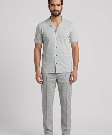 Men’s Pinstripe Drawstring Co-Ord Suit– Relaxed Fit- Grey Stripe