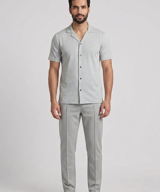 Men’s Pinstripe Drawstring Co-Ord Suit– Relaxed Fit- Grey Stripe